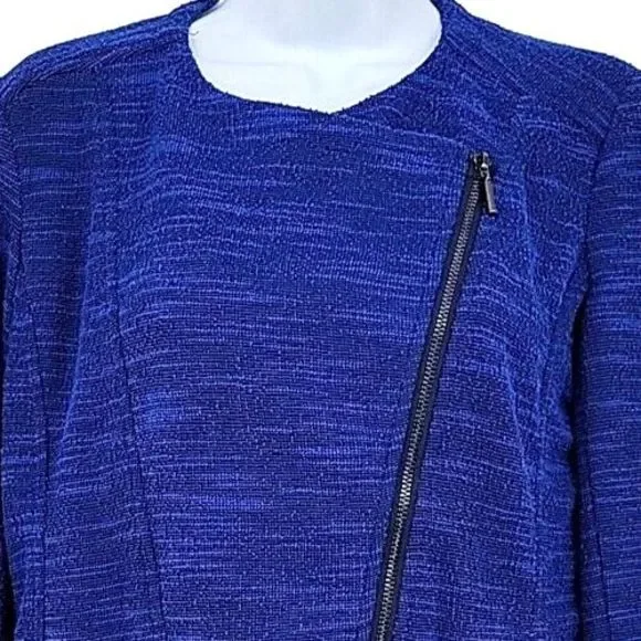 H by Halston Womens Tweed Jacket Size 6 Blue Zippers Asymmetrical Stretchy‎ - Picture 2 of 8